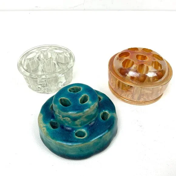 Vintage Flower Frogs Set Of 3 Clear, Carnival Glass, Ceramic - Picture 2 of 16